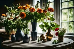 flores dentro vasos em uma mesa dentro frente do uma janela. gerado por IA foto