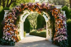 uma Casamento arco fez do flores dentro a jardim. gerado por IA foto