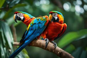 dois colorida papagaios sentado em uma ramo. gerado por IA foto
