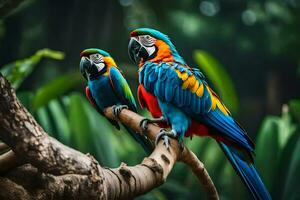 dois colorida papagaios sentado em uma ramo. gerado por IA foto
