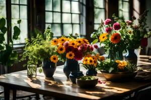 flores dentro vasos em uma mesa dentro frente do janelas. gerado por IA foto