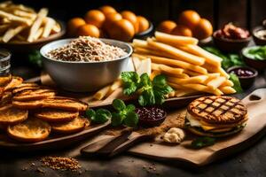 uma variedade do Comida Itens Incluindo francês fritas, hambúrgueres, e de outros alimentos. gerado por IA foto