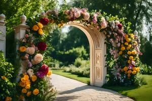 a arco com flores e vegetação. gerado por IA foto