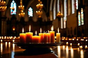 velas estão aceso dentro uma Igreja com velas dentro a fundo. gerado por IA foto