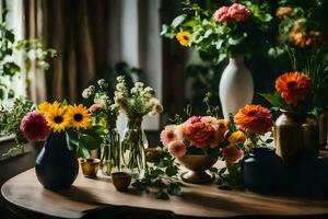 flores dentro vasos em uma mesa dentro frente do uma janela. gerado por IA foto