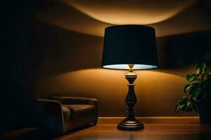 uma luminária é em uma mesa dentro uma Sombrio sala. gerado por IA foto
