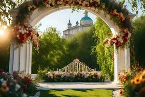 a arco com flores e uma Igreja dentro a fundo. gerado por IA foto