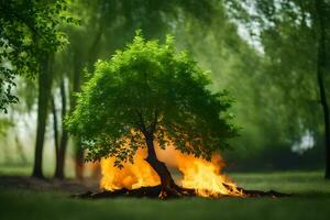 uma árvore é em fogo dentro a meio do uma campo. gerado por IA foto