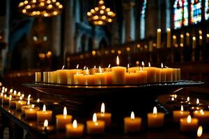 muitos velas estão aceso dentro uma igreja. gerado por IA foto