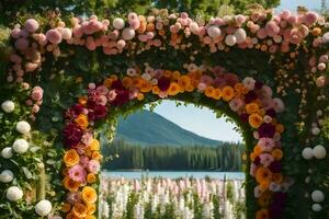 uma flor arco com flores e uma lago dentro a fundo. gerado por IA foto