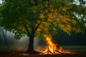 uma árvore com chamas e fumaça chegando a partir de isto. gerado por IA foto