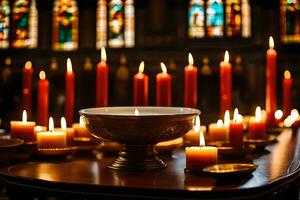 velas estão aceso dentro frente do uma Igreja altar. gerado por IA foto