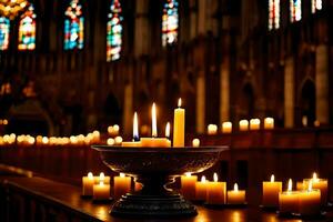 velas estão aceso dentro uma Igreja com manchado vidro janelas. gerado por IA foto