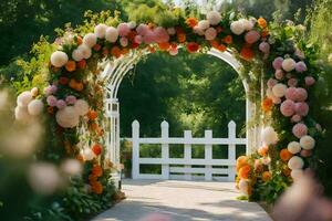 uma Casamento arco decorado com flores gerado por IA foto