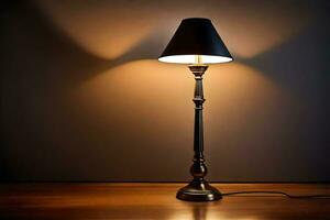 uma luminária em uma de madeira mesa com uma Sombrio fundo. gerado por IA foto