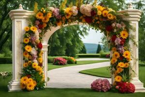 uma lindo arco com flores e grama. gerado por IA foto