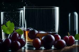 uma vidro do vinho e uvas em uma Sombrio fundo. gerado por IA foto