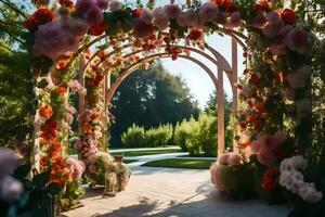 uma flor arco é decorado com Rosa e laranja flores gerado por IA foto