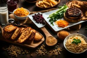 vários alimentos Incluindo pão, queijo, carne, legumes e leite. gerado por IA foto
