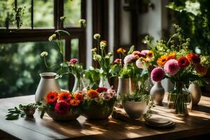 flores dentro vasos em uma mesa. gerado por IA foto