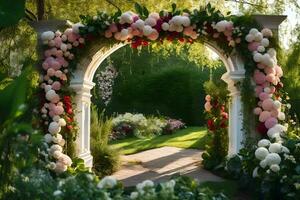 uma jardim arco decorado com flores gerado por IA foto