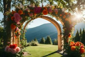 uma Casamento arco decorado com flores dentro a montanhas. gerado por IA foto
