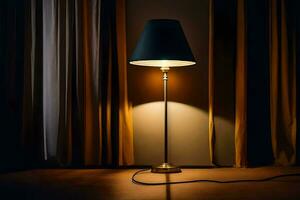 uma luminária é em uma mesa dentro frente do uma cortina. gerado por IA foto