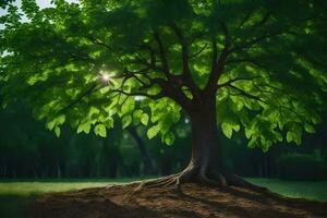 uma árvore com raízes dentro a terra e luz solar brilhando através a folhas. gerado por IA foto