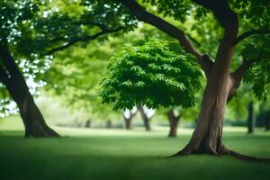 uma árvore dentro uma parque com verde folhas. gerado por IA foto