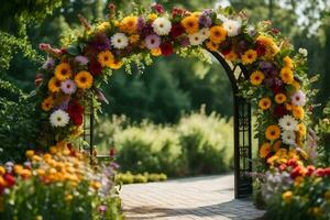 a arco com flores dentro a jardim. gerado por IA foto