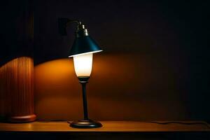 uma luminária em uma mesa dentro frente do uma de madeira muro. gerado por IA foto