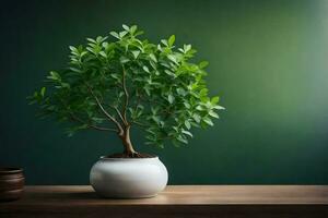 bonsai árvore dentro uma vaso em uma mesa. gerado por IA foto