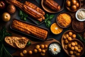 vários tipos do Comida em uma de madeira mesa. gerado por IA foto