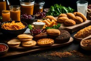 uma variedade do Comida Itens em uma mesa. gerado por IA foto