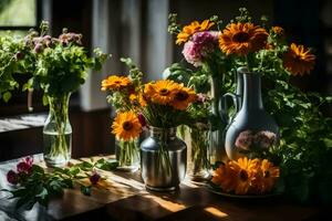 flores dentro vasos em uma mesa. gerado por IA foto