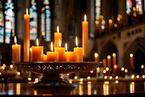 velas dentro uma Igreja com velas aceso dentro a fundo. gerado por IA foto