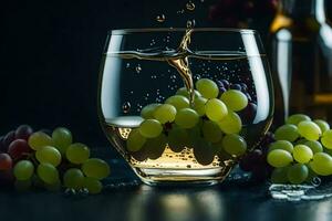 uma vidro do vinho com uvas e água. gerado por IA foto