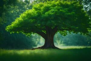 uma solteiro árvore dentro a meio do uma verde campo. gerado por IA foto