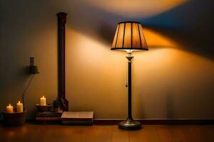 uma luminária e uma livro em uma mesa dentro uma Sombrio sala. gerado por IA foto