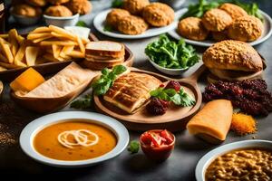 uma variedade do Comida é mostrando em uma mesa. gerado por IA foto