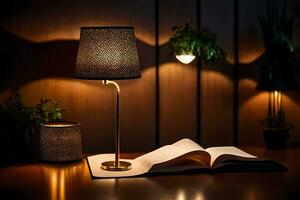 uma luminária em uma mesa com a aberto livro. gerado por IA foto