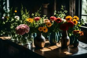 flores dentro vasos em uma mesa. gerado por IA foto
