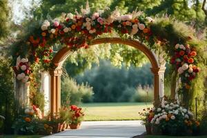 a arco com flores e vegetação. gerado por IA foto