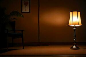 uma luminária é sentado em uma mesa dentro a escuro. gerado por IA foto