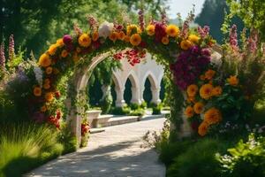 uma lindo arco com flores e vegetação. gerado por IA foto