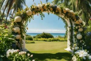 a arco com flores e vegetação dentro frente do a oceano. gerado por IA foto