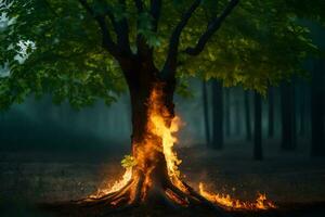 uma árvore com chamas chegando Fora do isto dentro a meio do a floresta. gerado por IA foto