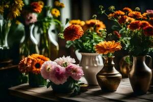 flores dentro vasos em uma mesa. gerado por IA foto