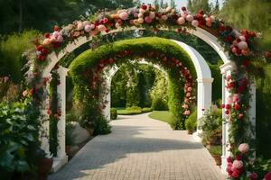 uma passarela com uma flor arco conduzindo para uma jardim. gerado por IA foto