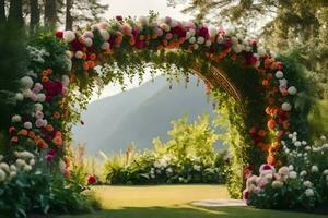 uma Casamento arco fez do flores dentro a meio do uma campo. gerado por IA foto